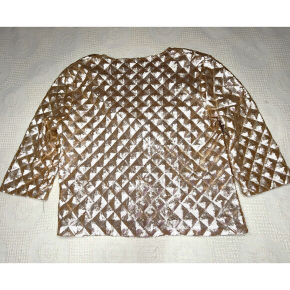 Chic Sequin Statement Jacket 3/4 Sleeve Open Front Light Gold Geometric Sz. M - Picture 5 of 7